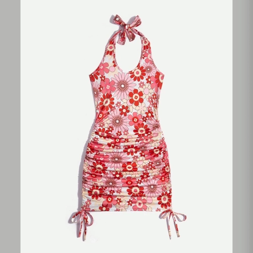 Floral drawstring ruched halter dress